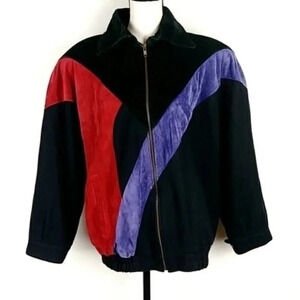 Vintage 80s Winter Coat Colorful Genuine Suede Leather and Wool Coat 80s Vtg